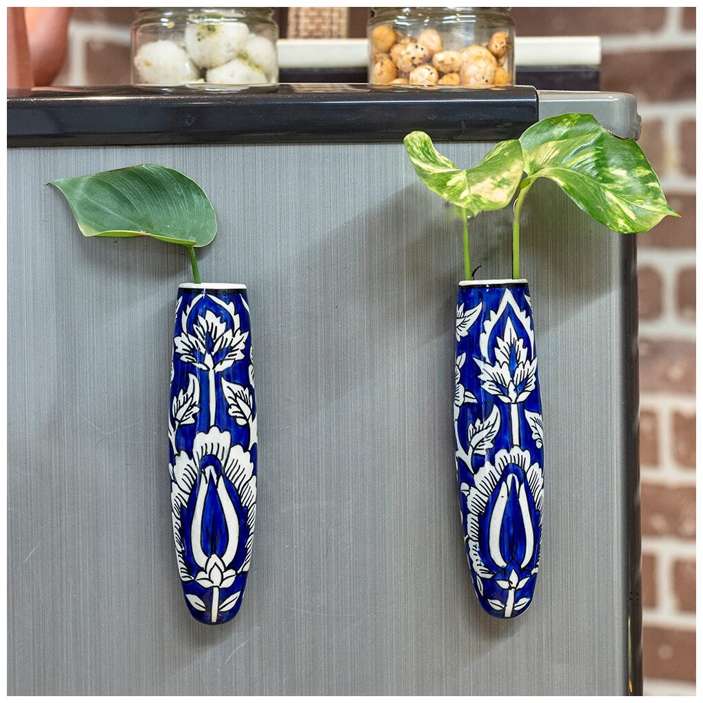 

Lazy Gardener Magnetic Hydroponic Planter with Cleaning Brush Unique Ceramic Fridge Magnet - Handmade Handpainted - Navy blue White (Set of 2)