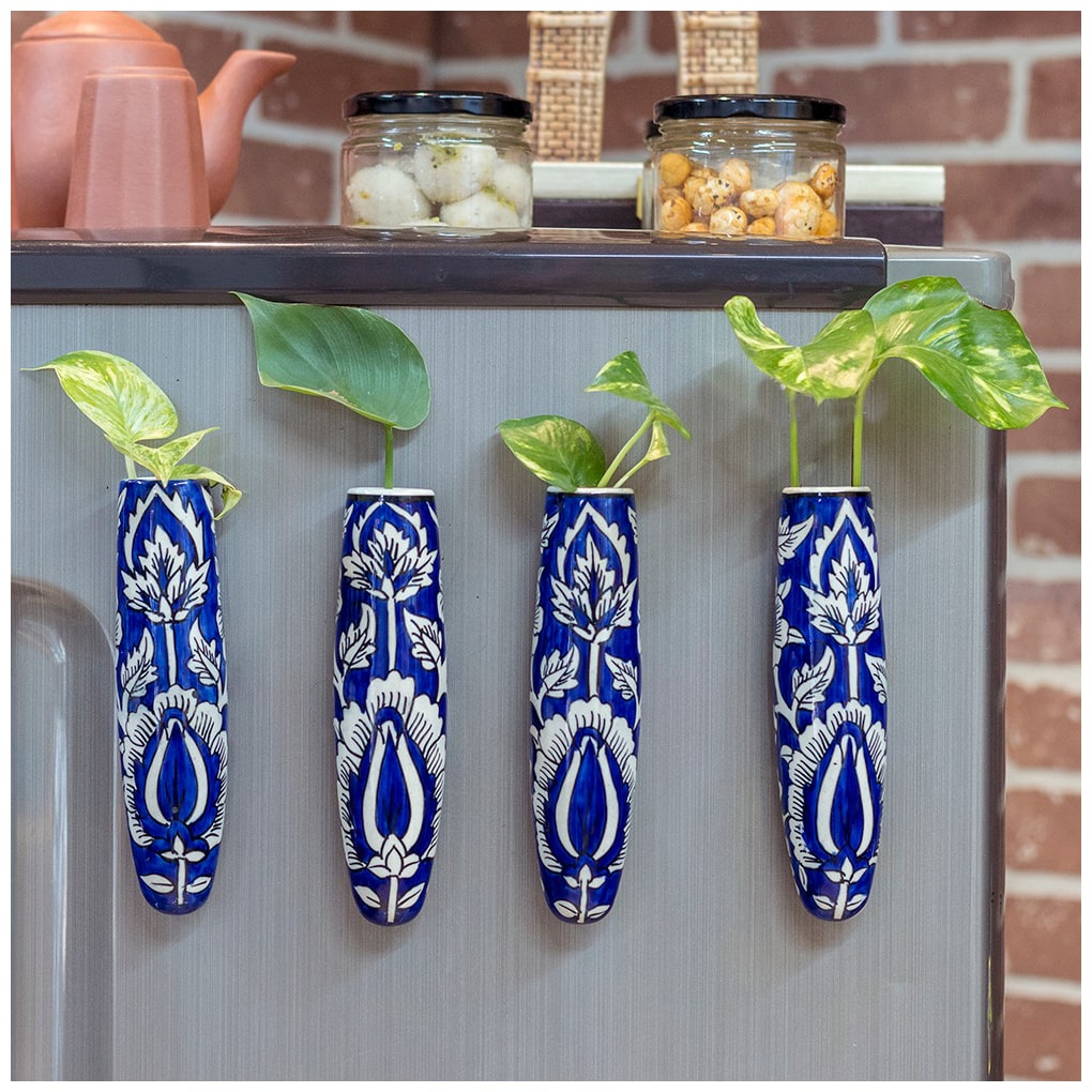 

Lazy Gardener Magnetic Hydroponic Planter with Cleaning Brush Unique Ceramic Fridge Magnet - Handmade Handpainted - Navy blue White (Set of 4)