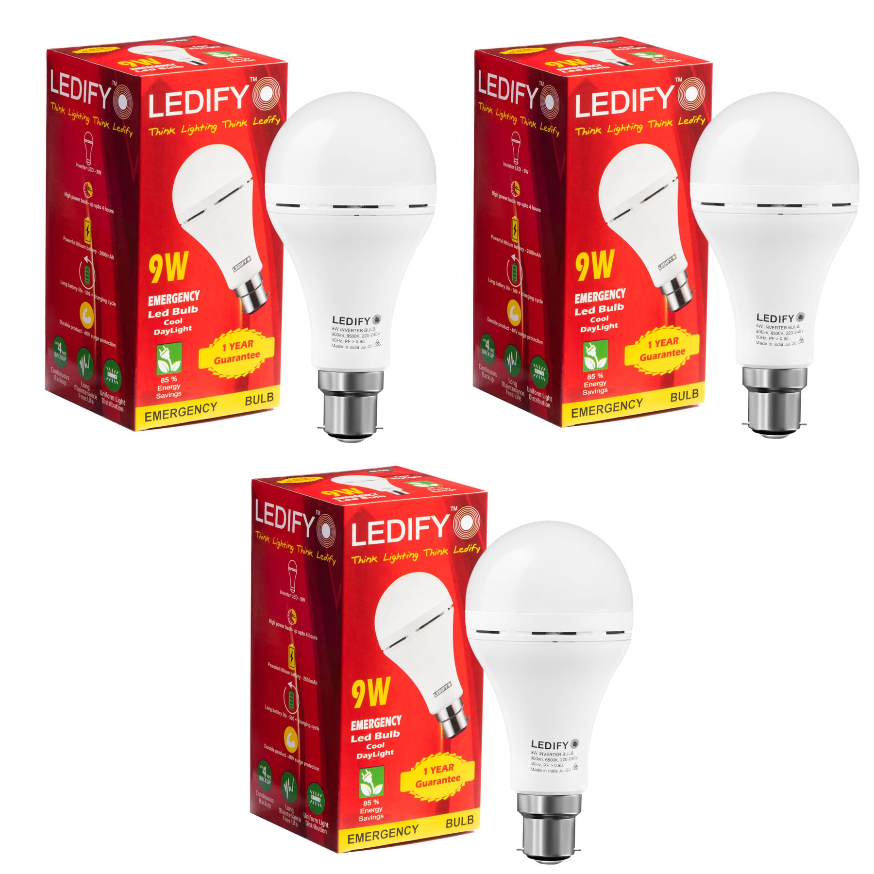

Ledify Rechargeable Emergency Inverter LED Bulb AC DC Chargeable Light 9 Watt Power Back up 3 to 4 Hours Pack of 3