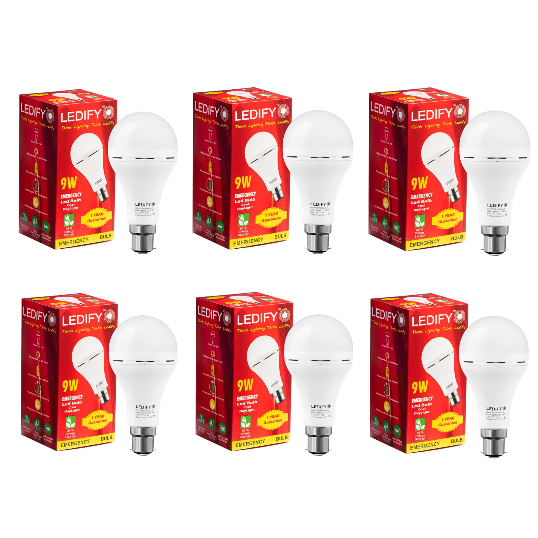 

Ledify Rechargeable Emergency Inverter LED Bulb AC DC Chargeable Light 9 Watt Power Back up 3 to 4 Hours Pack of 6