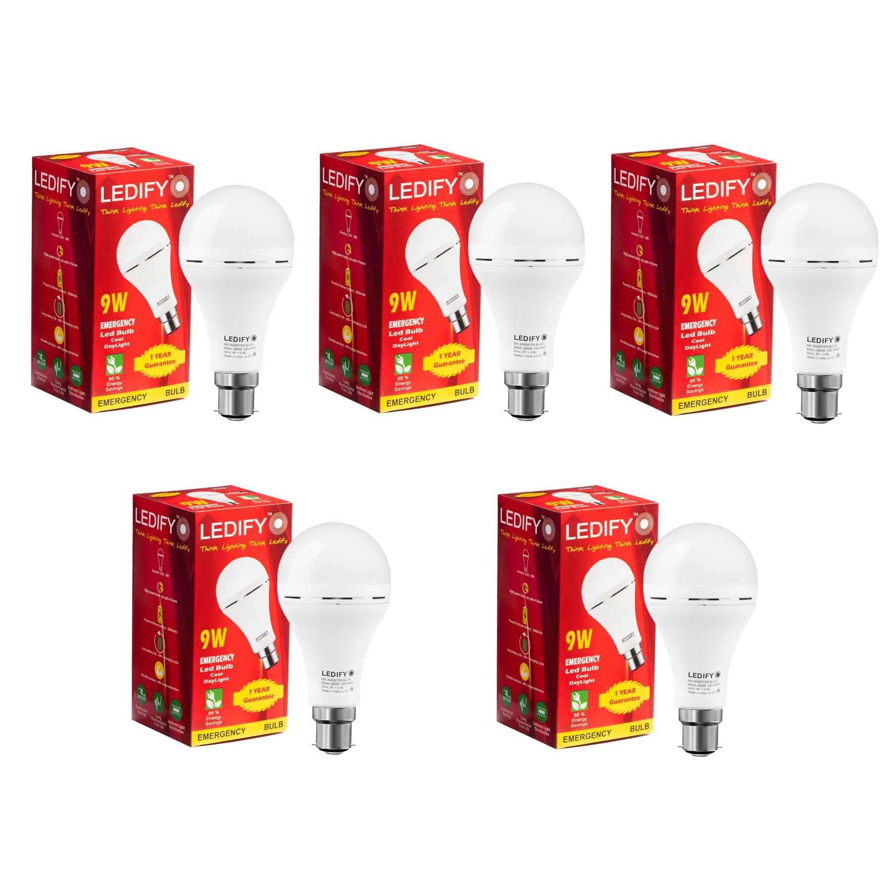 

Ledify Rechargeable Emergency Inverter LED Bulb AC DC Chargeable Light 9 Watt Power Back up 3 to 4 Hours Pack of 5