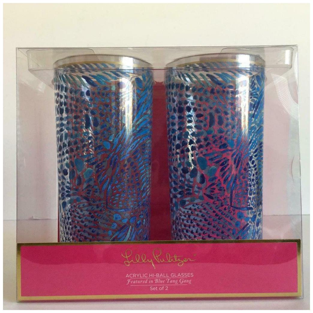 

LILLY PULITZER Blue Tang Gang Acryllic Hi-Ball Juice Glasses Set Of 2 NIB