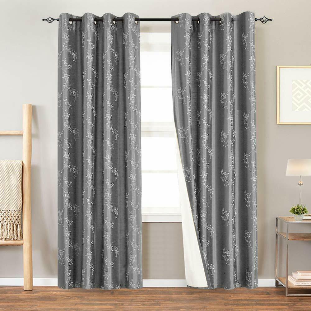 

Lined Faux Silk Floral Embroidered Grommet Curtains for Bedroom 2 Panels
