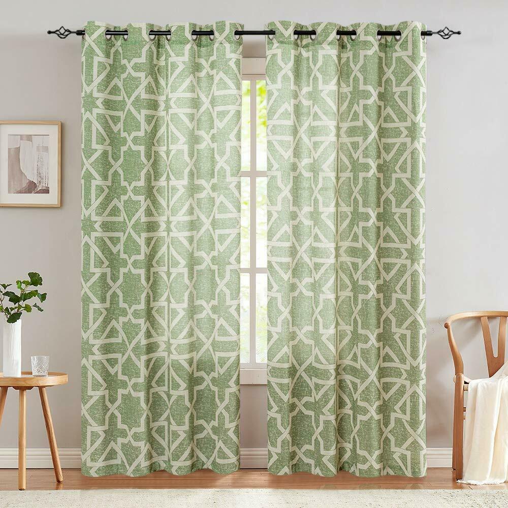 

Linen Curtains Flax Linen Textured Geometry Pattern Print Grommet 2 Panels