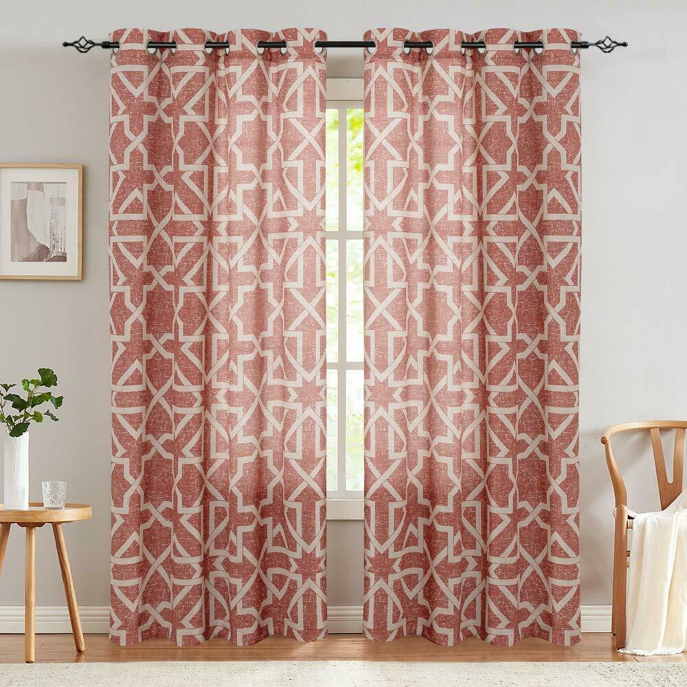 

Linen Curtains Flax Linen Textured Geometry Pattern Print Grommet 2 Panels