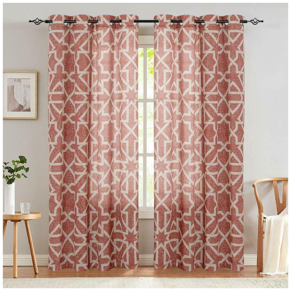 

Linen Curtains Flax Linen Textured Geometry Pattern Print Grommet 2 Panels