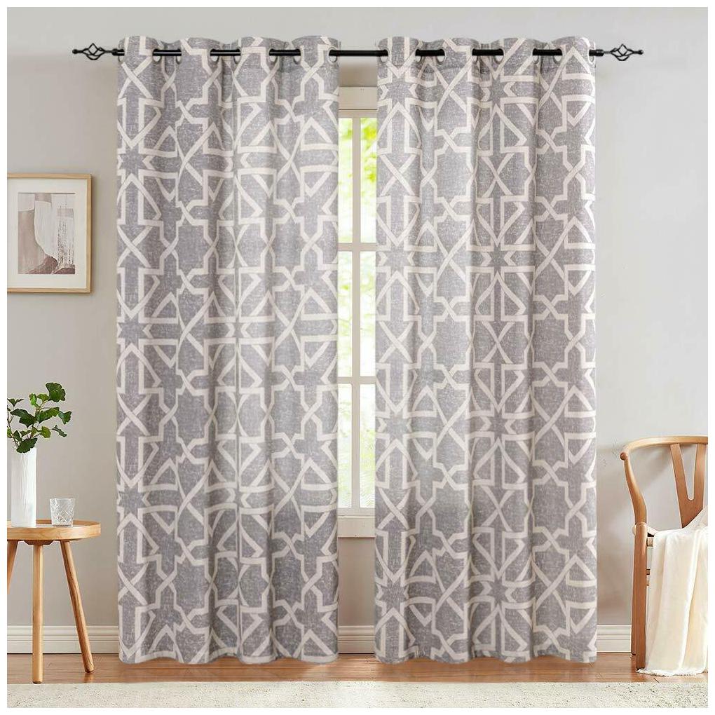 

Linen Curtains Flax Linen Textured Geometry Pattern Print Grommet 2 Panels