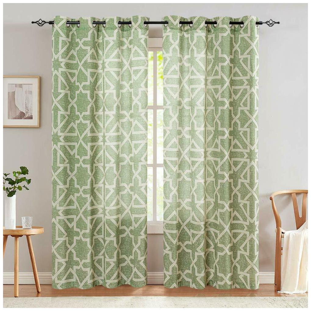 

Linen Curtains Flax Linen Textured Geometry Pattern Print Grommet 2 Panels