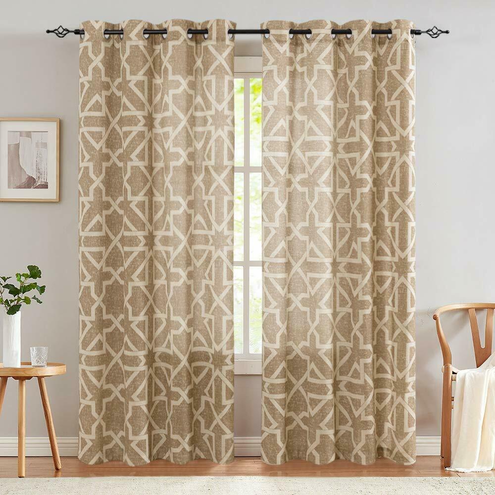 

Linen Curtains Flax Linen Textured Geometry Pattern Print Grommet 2 Panels