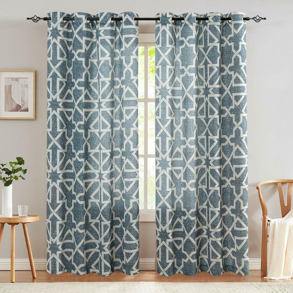 

Linen Curtains Flax Linen Textured Geometry Pattern Print Grommet 2 Panels