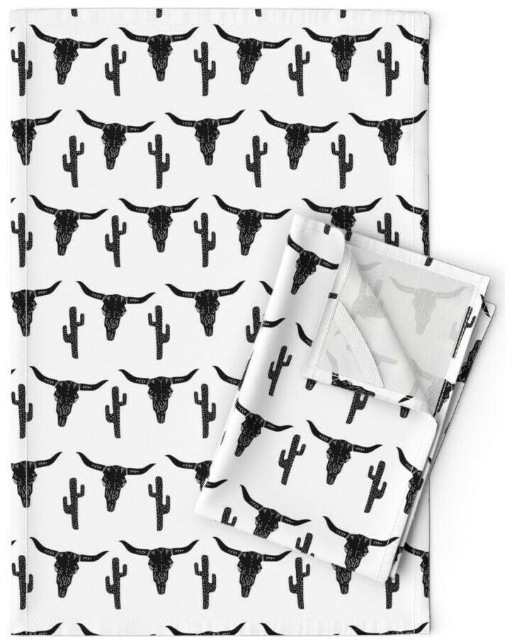 

Longhorn Skull Cactus Black And Linen Cotton Tea Towels by Roostery Set of 2