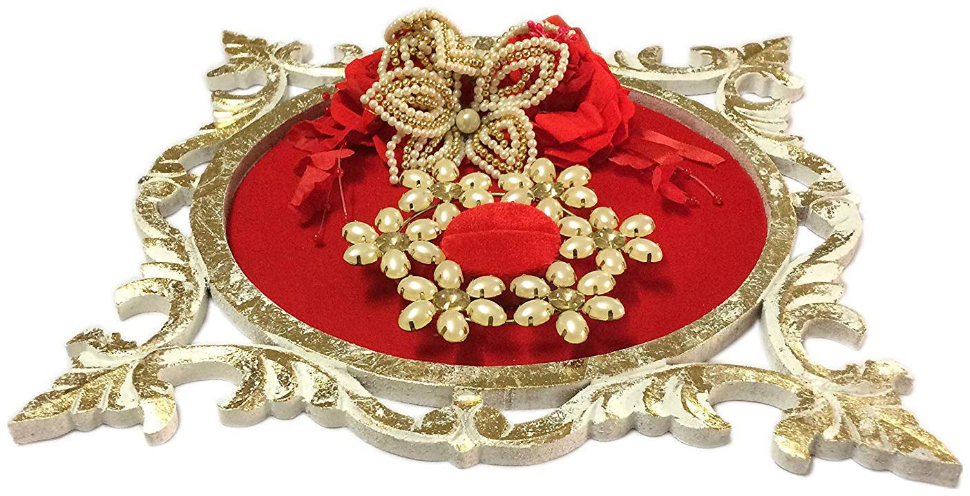 

Loops n Knots Texture Wooden Red Golden Wedding RingTray Engagement Ring Platter with Single Ring Holder