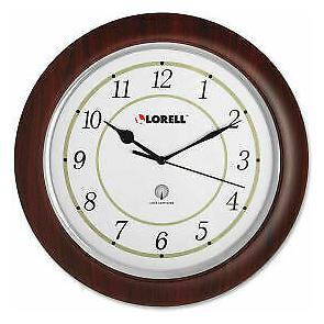 

Lorell 13 5 Round Radio Controlled Wall Clock Wood Case Mahogany 60986 - 1