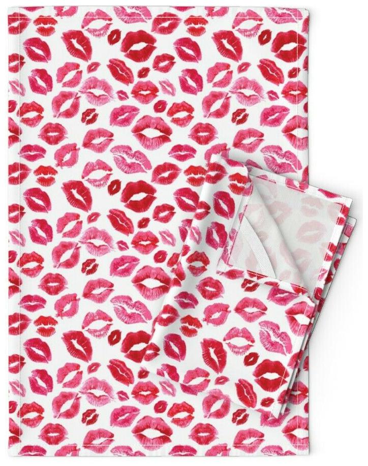 

Love Lips Red And Pink Lip Kisses Linen Cotton Tea Towels by Roostery Set of 2