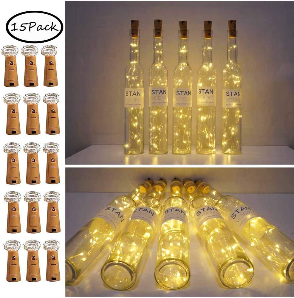 

LPK Store Wine Bottle Lights with Cork 20 Led Fairy Light Battery Operated for DIY Party Table Christmas Halloween Wedding Party (Set of 15)