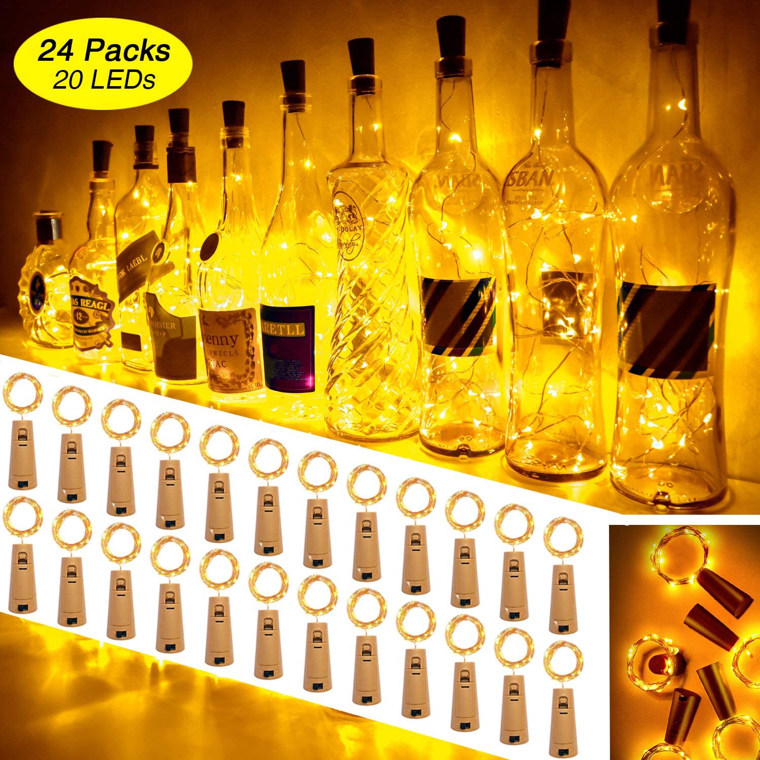 

LPK Store Wine Bottle Lights with Cork 20 Led Fairy Light Battery Operated for DIY Party Table Christmas Halloween Wedding Party (Set of 24)
