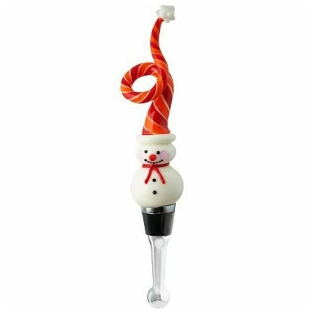 

LSArts Glass Wine Bottle Stopper in Box Christmas Snowman in Hat