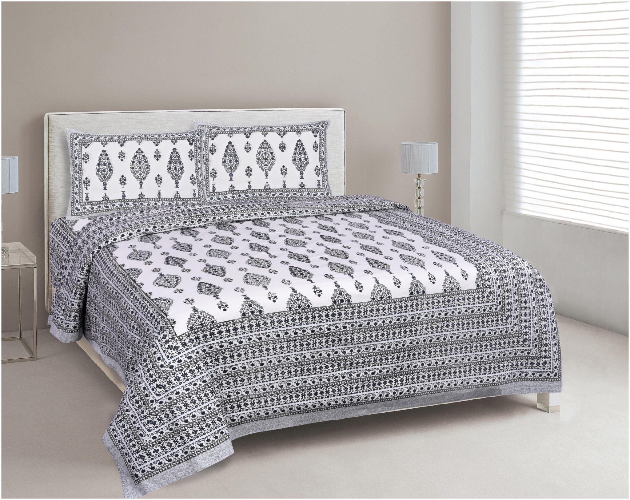 

Lsk Shiva s Cotton Printed King Size Bedsheet 210 TC ( 1 Bedsheet With 2 Pillow Covers Grey )