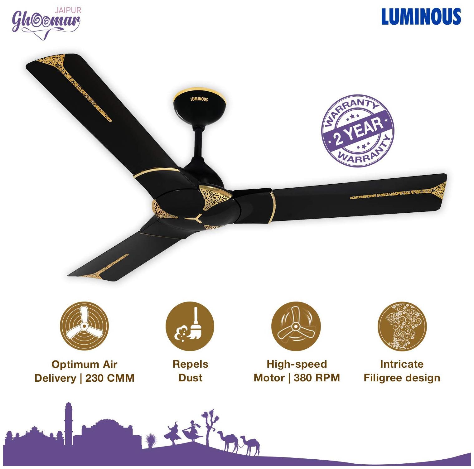 

Luminous Jaipur Ghoomar 1200 mm Decorative Ceiling Fan ( Black Pack of 1 )
