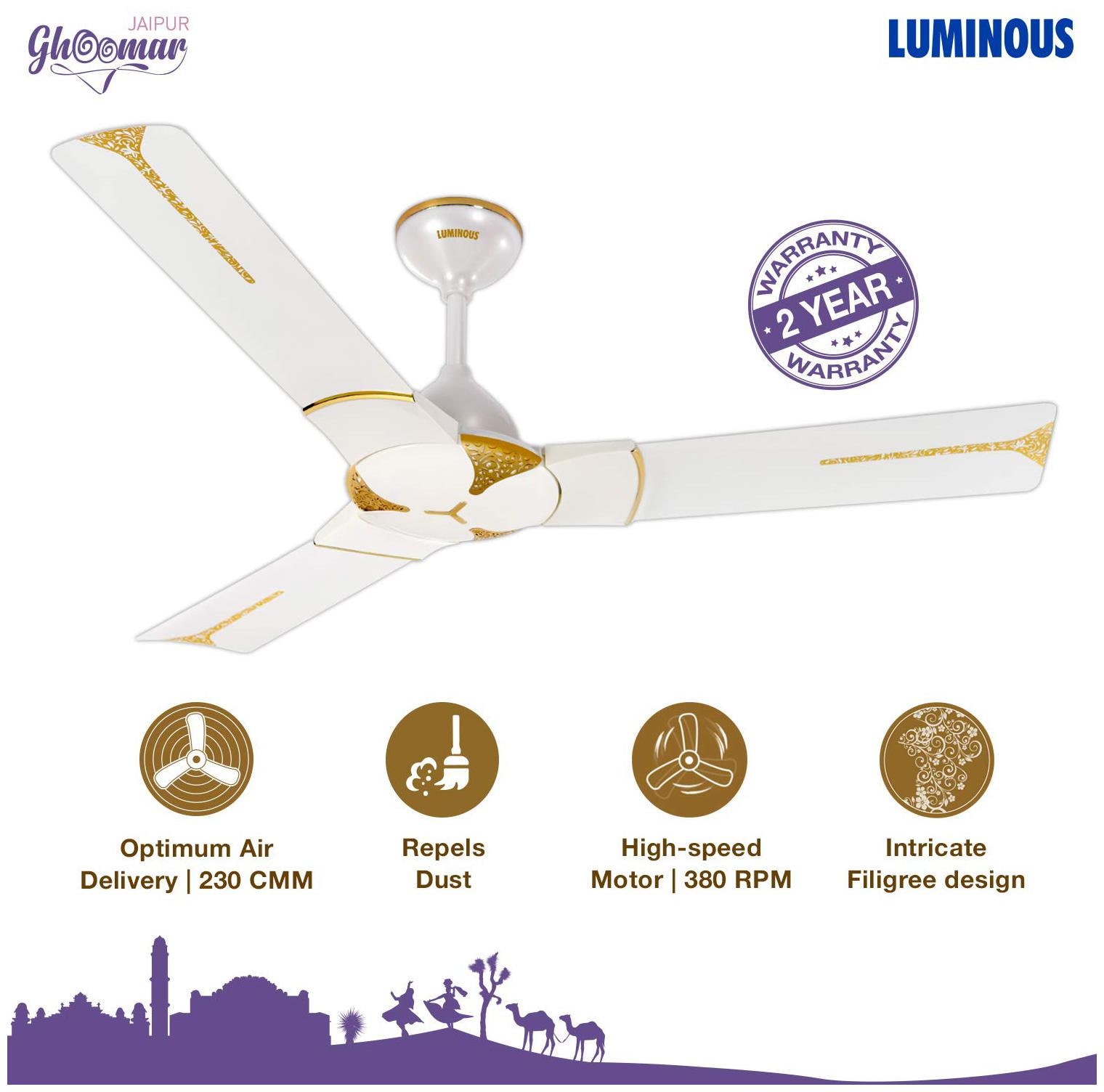 

Luminous 1200MM Jaipur Ghoomar Ceiling Fan Makrana White