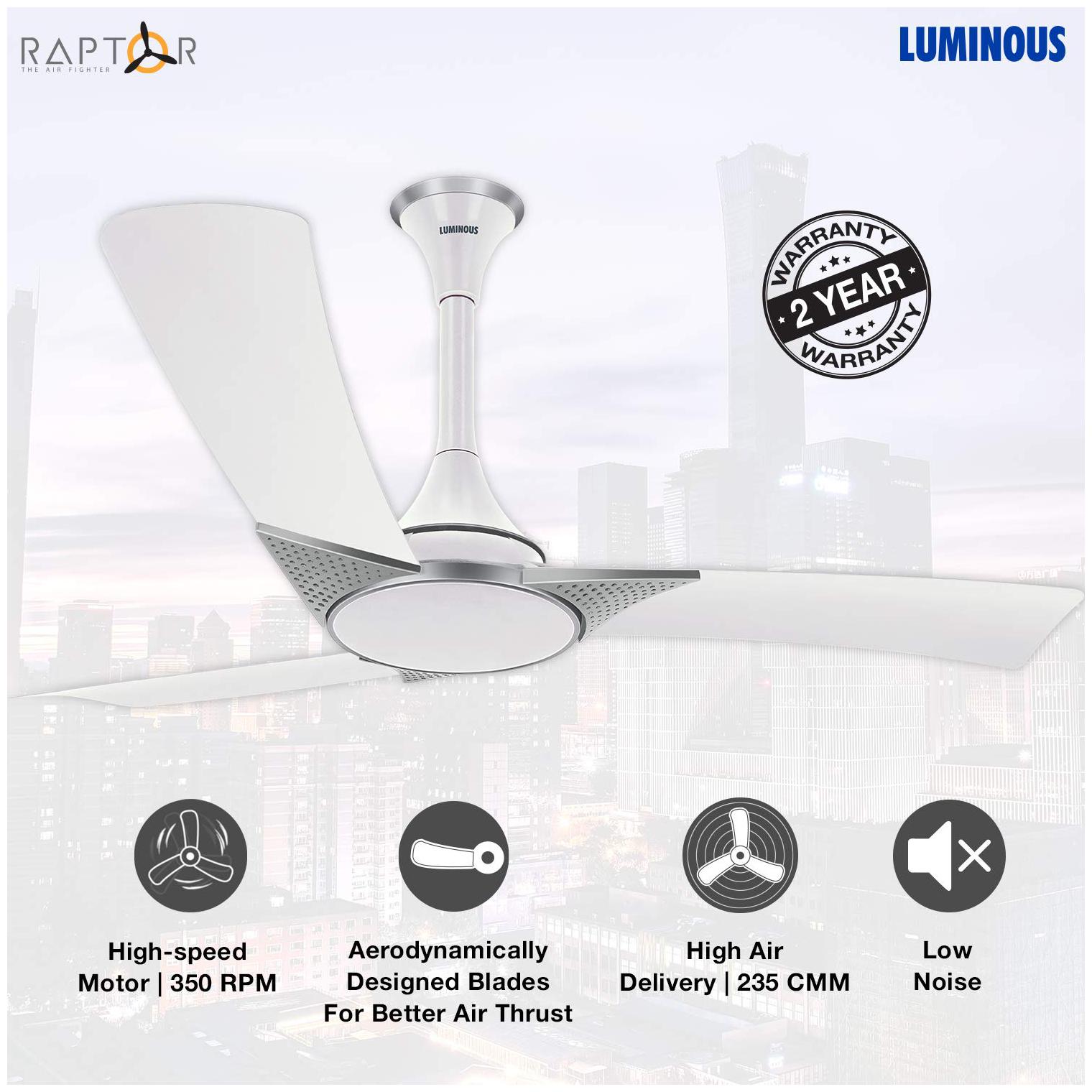 

Luminous Raptor 1200 mm Decorative Ceiling Fan ( White Pack of 1 )