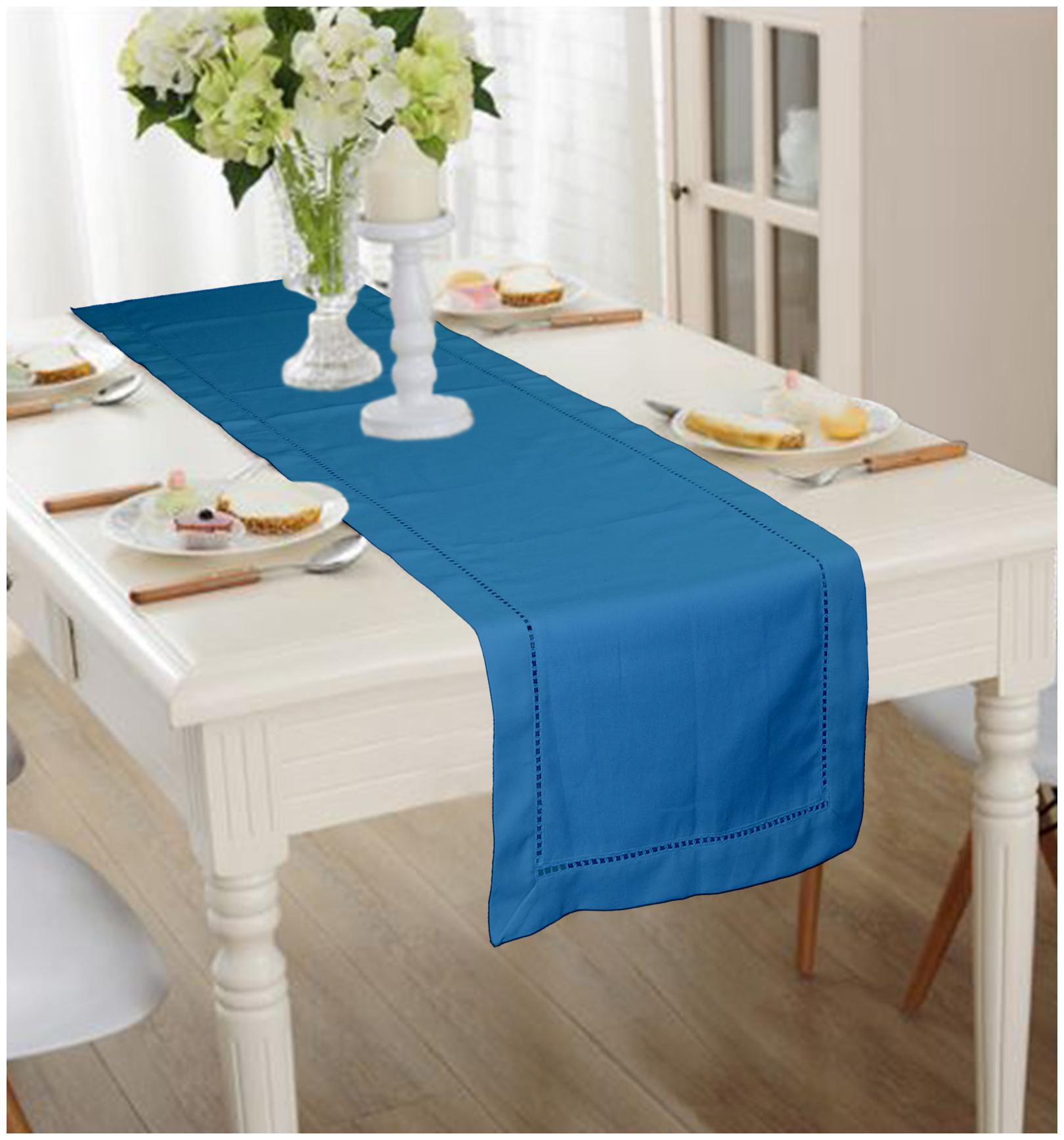 

Lushomes Aqua Premium Cotton Table Runner with Ladder Lace (Size 40 x 180 cms Single Pc)