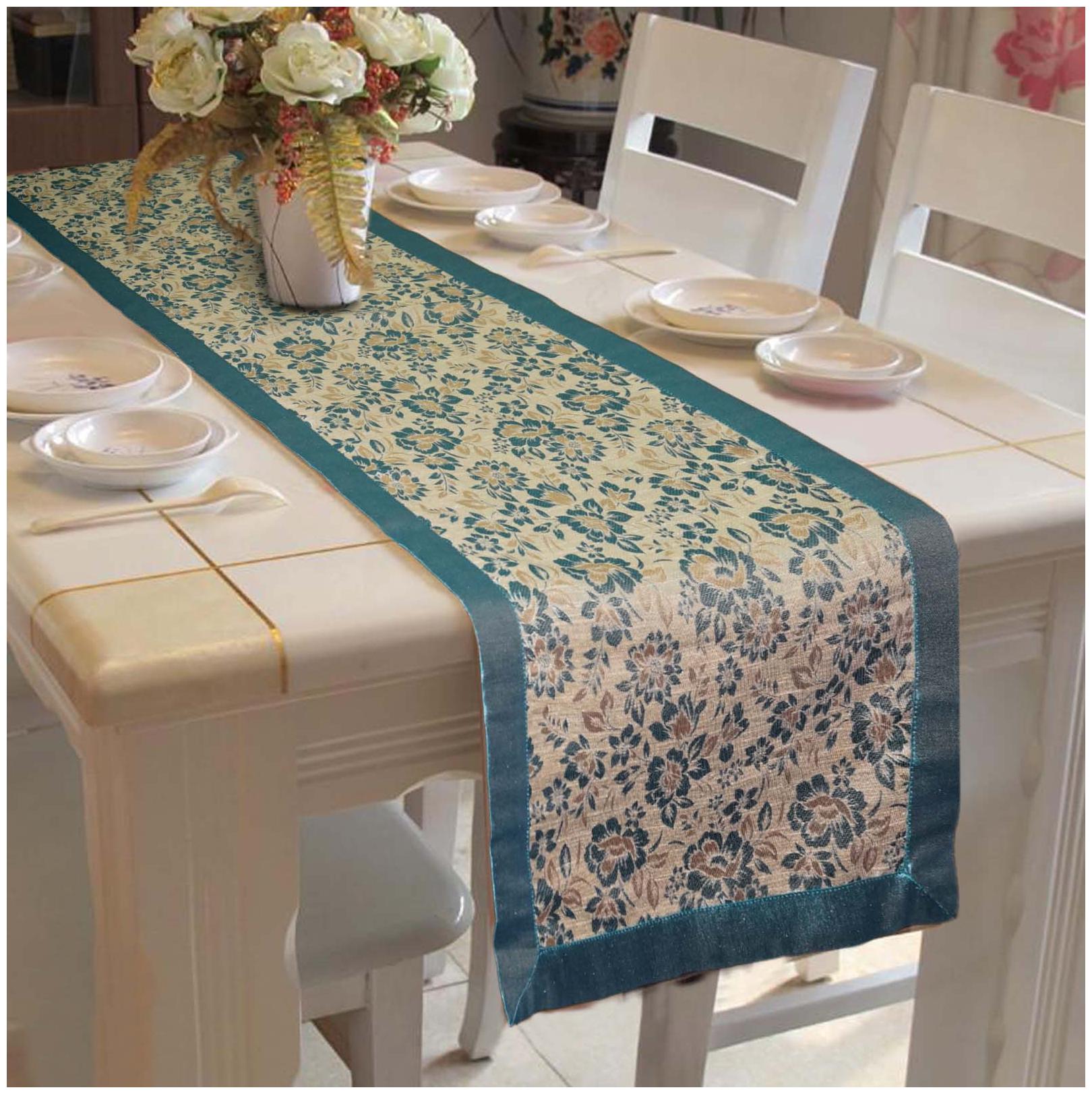 

Lushomes Blue Jacquard Design 4 Table Runner with High Quality Polyester Border (Size 16 x72 ) single piece