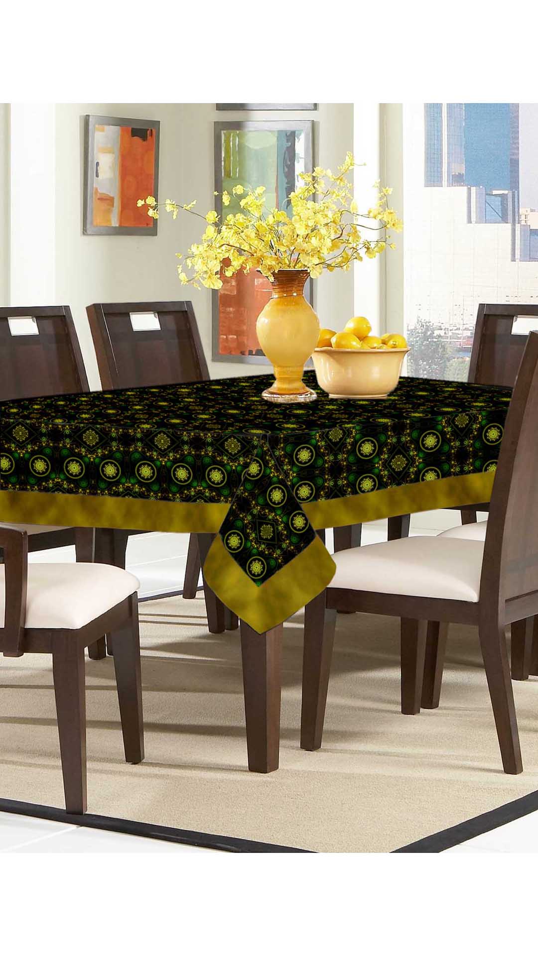 Lushomes Digital Printed Green Themed Abstract Table Cover For 6 Seater