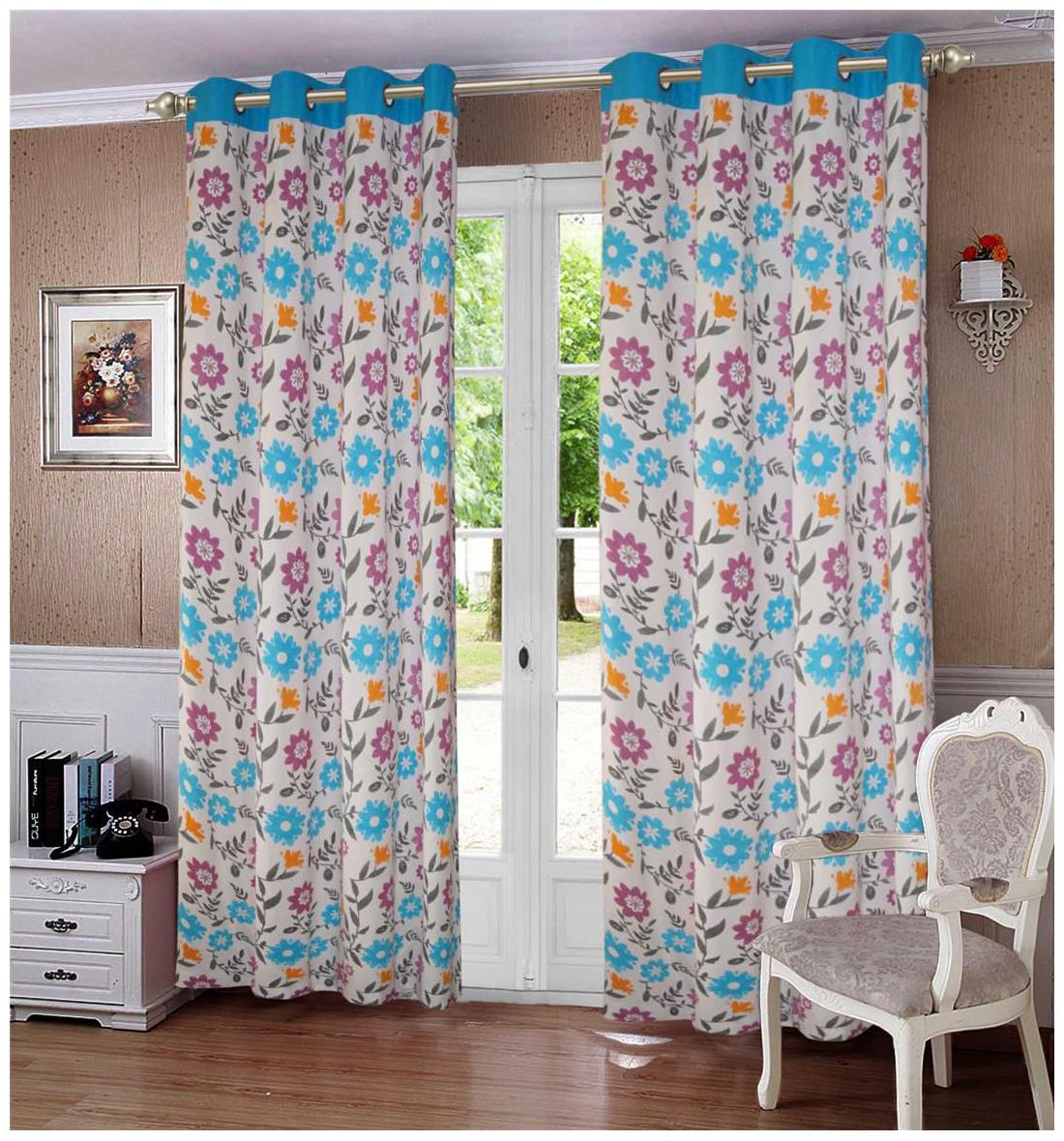 

Lushomes Flower Printed Cotton Curtains with 8 Eyelets Plain Tiebacks for Long Door (Single Pc)