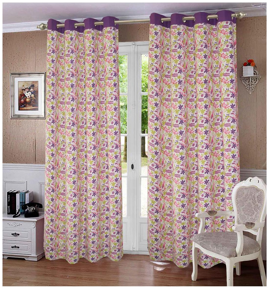 

Lushomes Purple Rain Printed Cotton Curtains with 8 Eyelets Plain Tiebacks for Long Door (Single Pc)