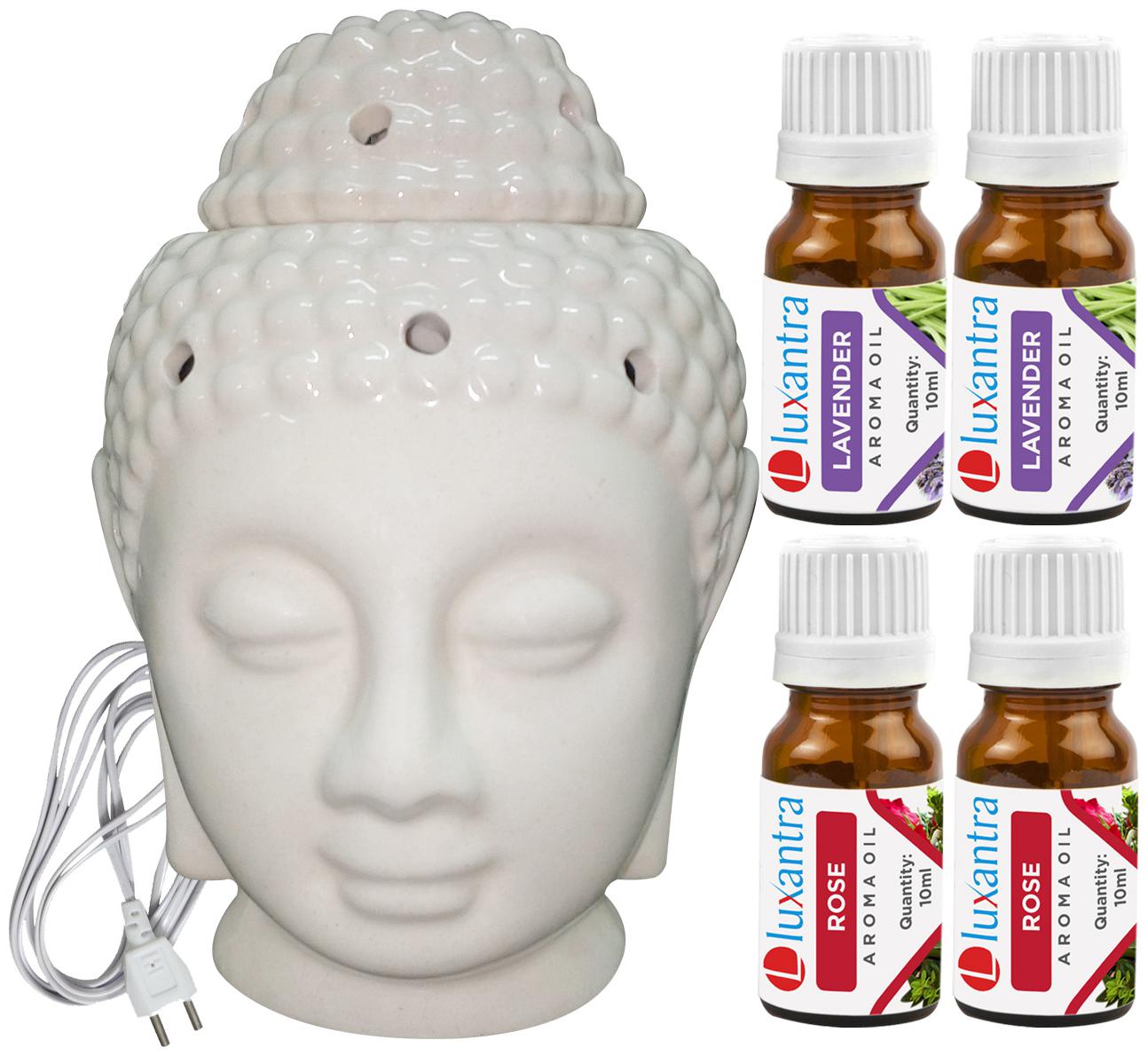 

Luxantra Beige Ceramic Electric Buddha Head Aroma Diffuser with 2 Lavender 2 Rose Aroma Oil 10ml Each for Home Office hotel 14x10x10cm