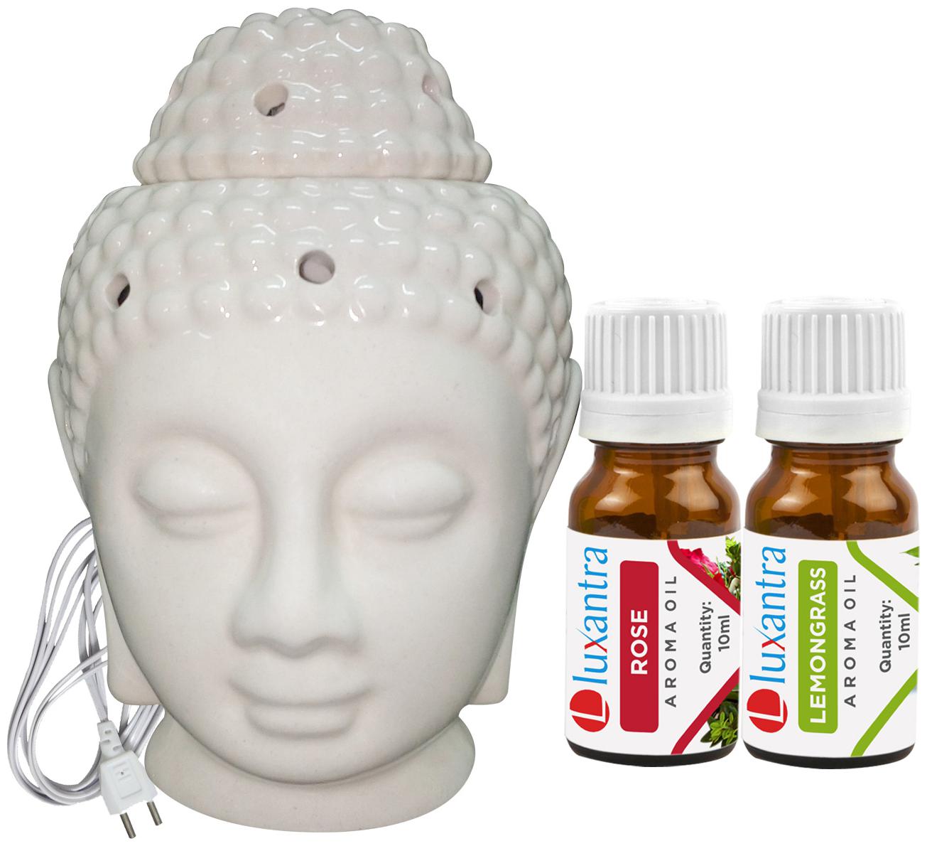 

Luxantra Beige Ceramic Electric Buddha Head Aroma Diffuser with Rose Lemongrass Aroma Oil 10ml Each for Home Office hotel 14x10x10cm