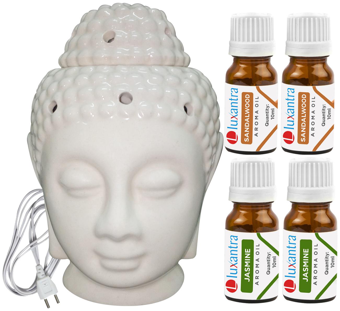 

Luxantra Beige Ceramic Electric Buddha Head Aroma Diffuser with 2 Sandalwood 2 Jasmine Aroma Oil 10ml Each for Home Office hotel 14x10x10cm