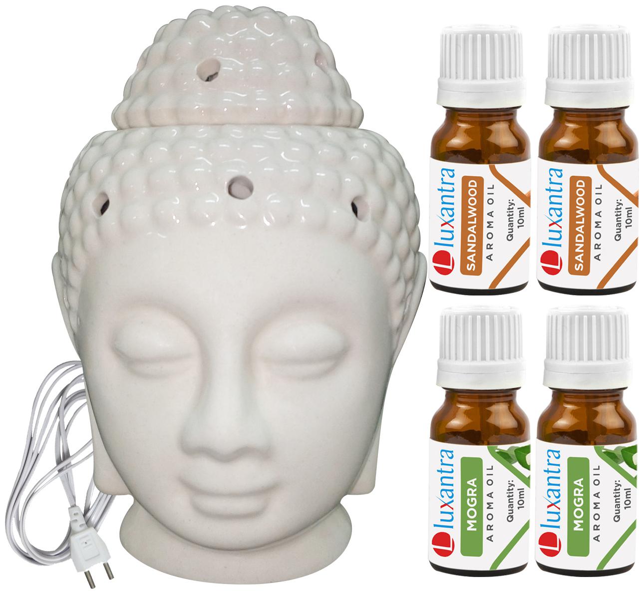 

Luxantra Beige Ceramic Electric Buddha Head Aroma Diffuser with 2 Sandalwood 2 Mogra Aroma Oil 10ml Each for Home Office hotel 14x10x10cm