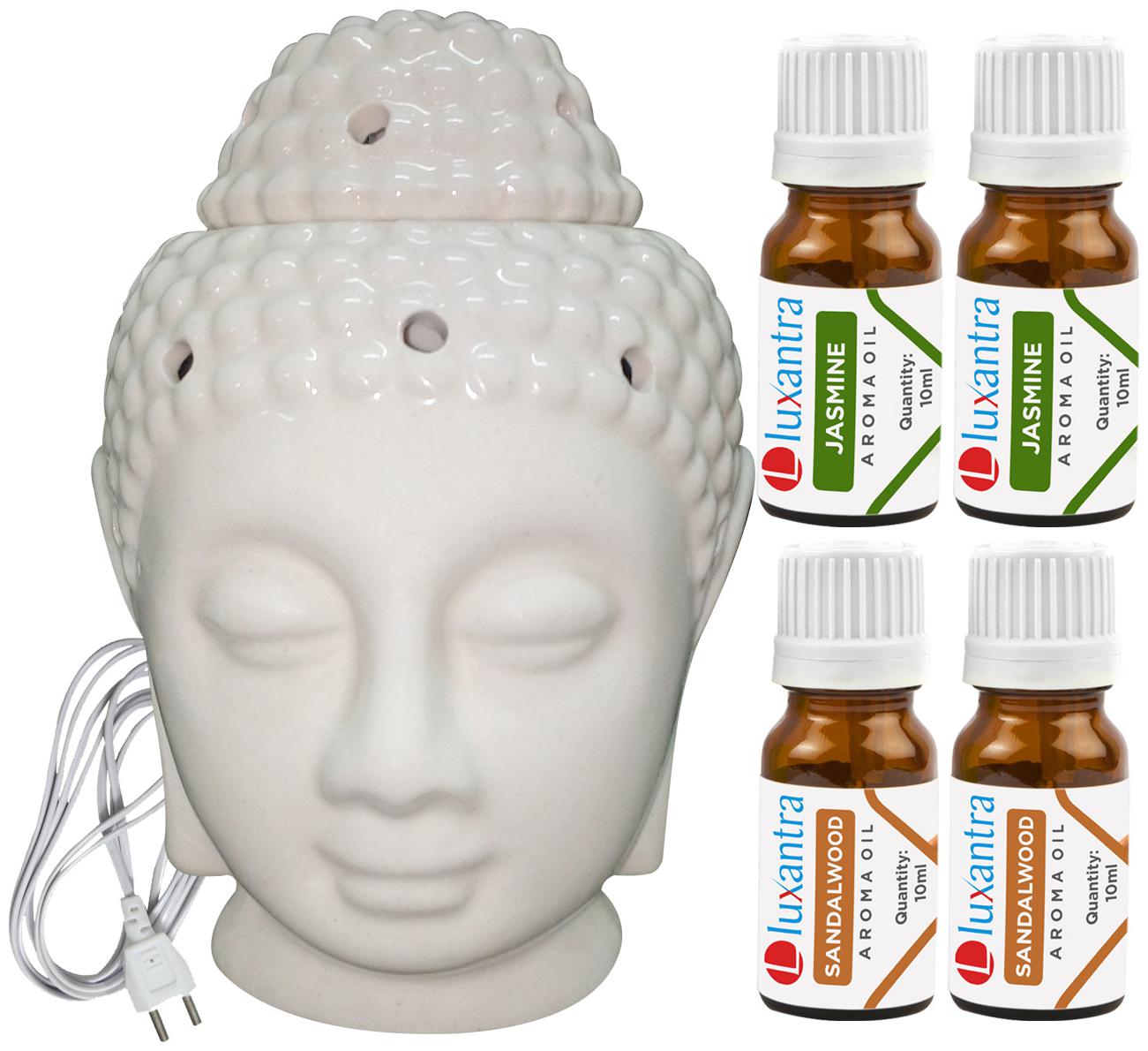 

Luxantra Beige Ceramic Electric Buddha Head Aroma Diffuser with 2 Jasmine 2 Sandalwood Aroma Oil 10ml Each for Home Office hotel 14x10x10cm