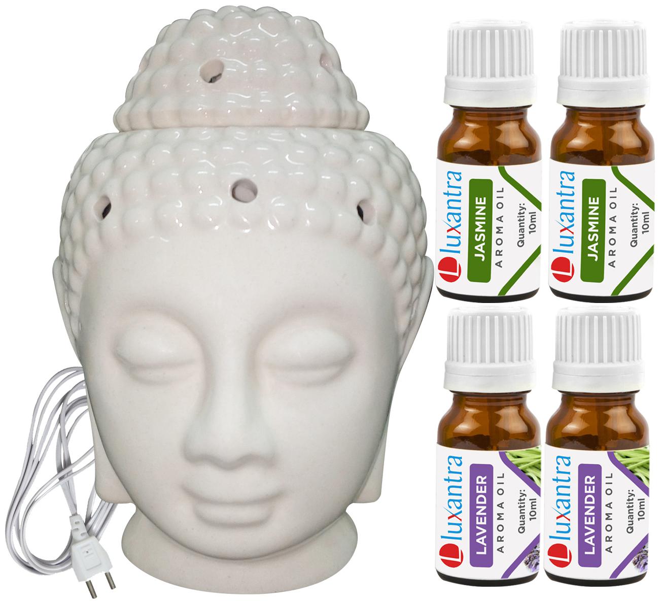 

Luxantra Beige Ceramic Electric Buddha Head Aroma Diffuser with 2 Jasmine 2 Lavender Aroma Oil 10ml Each for Home Office hotel 14x10x10cm