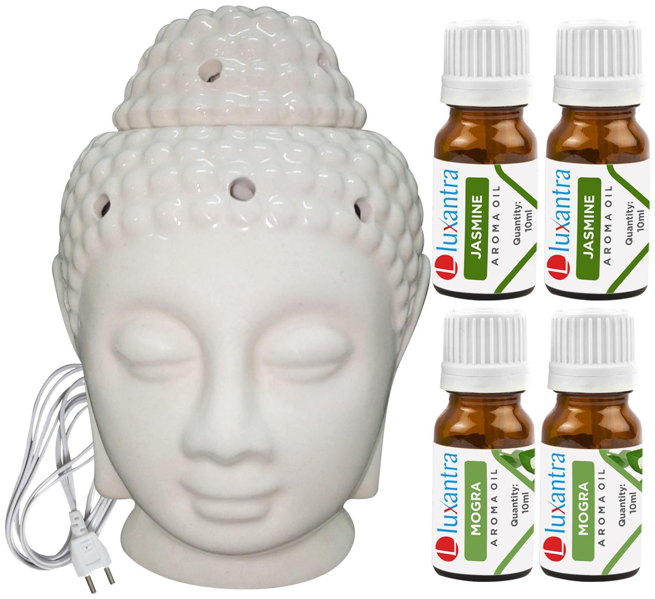

Luxantra Beige Ceramic Electric Buddha Head Aroma Diffuser with 2 Jasmine 2 Mogra Aroma Oil 10ml Each for Home Office hotel 14x10x10cm