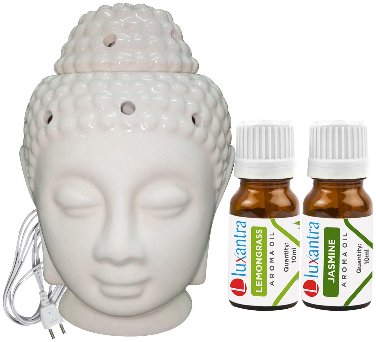 

Luxantra Beige Ceramic Electric Buddha Head Aroma Diffuser with Lemongrass Jasmine Aroma Oil 10ml Each for Home Office hotel 14x10x10cm