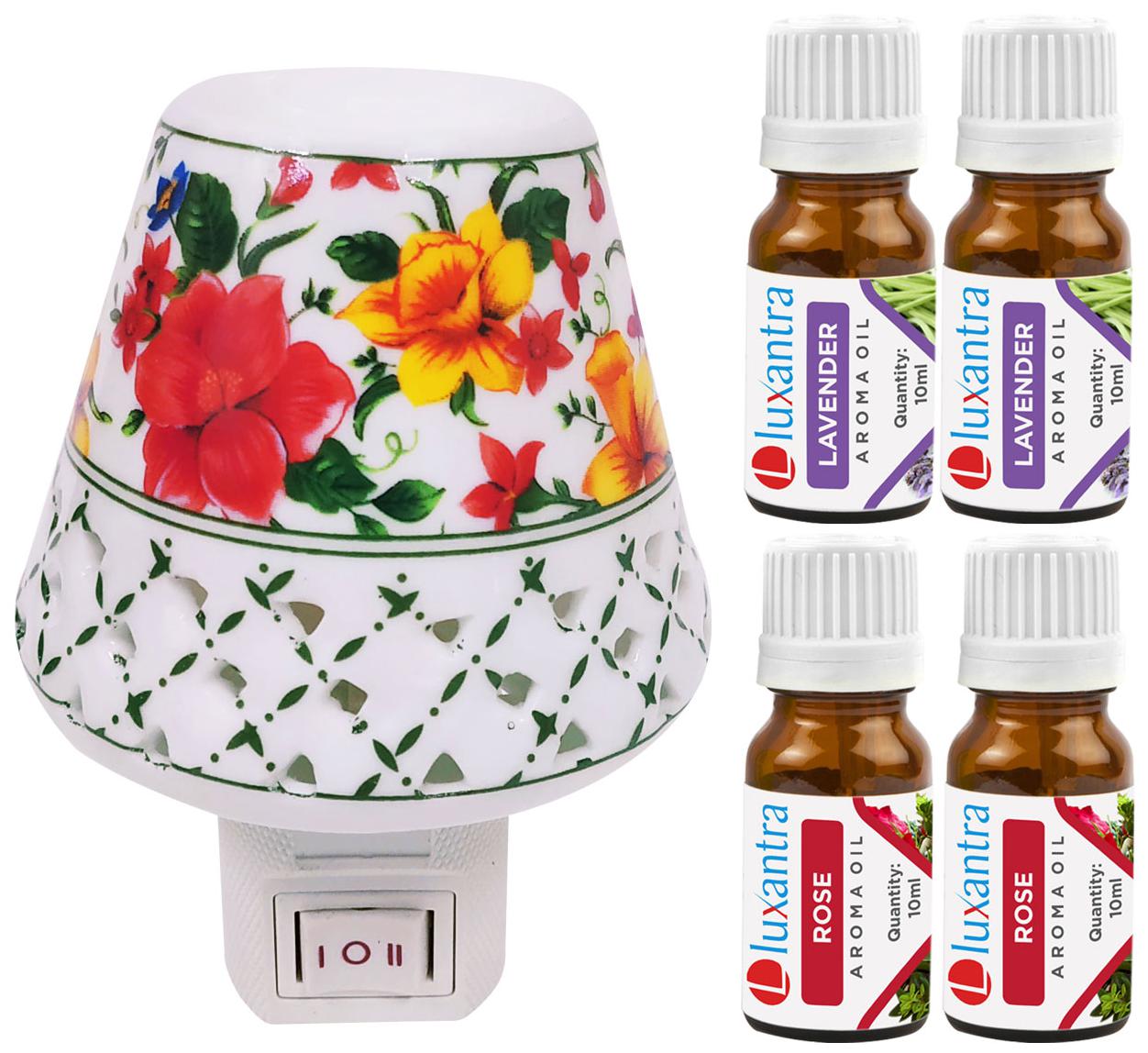 

Luxantra Ceramic Electric Aroma Diffuser Night Lamp Light with 2 Lavender 2 Rose Aroma Oil 10ml Each for home office hotel Spa