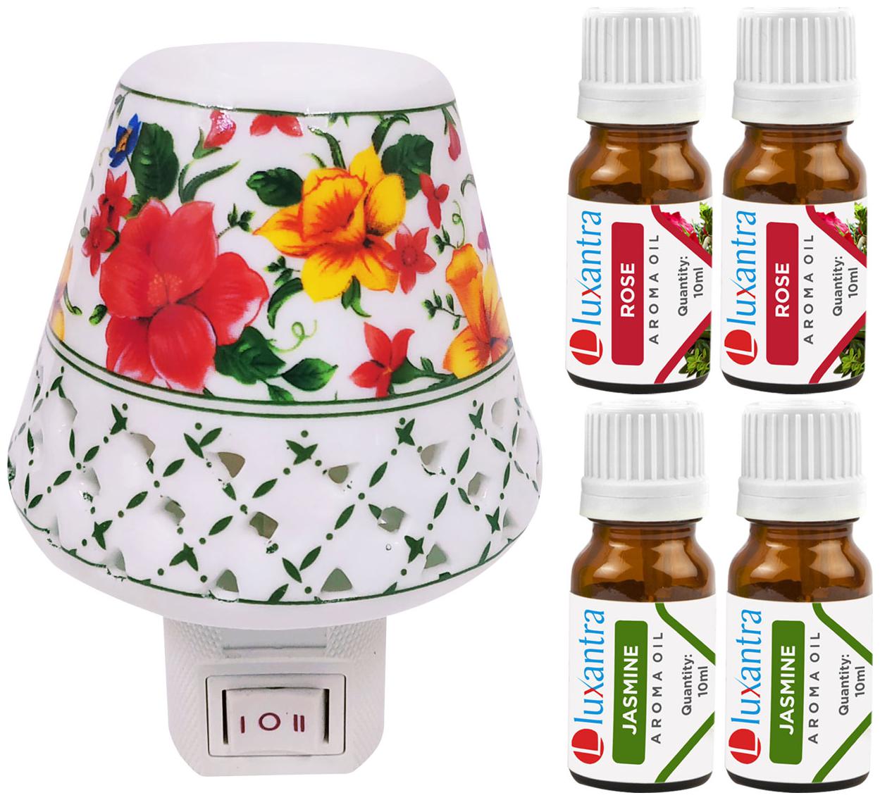 

Luxantra Ceramic Electric Aroma Diffuser Night Lamp Light with 2 Rose 2 Jasmine Aroma Oil 10ml Each for home office hotel Spa
