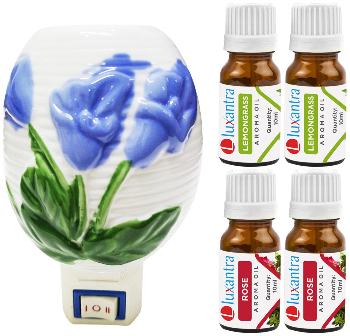 

Luxantra Ceramic Electric Aroma Diffuser Night Lamp Light with 2 Lemongrass 2 Rose Aroma Oil 10ml Each for home office hotel Spa