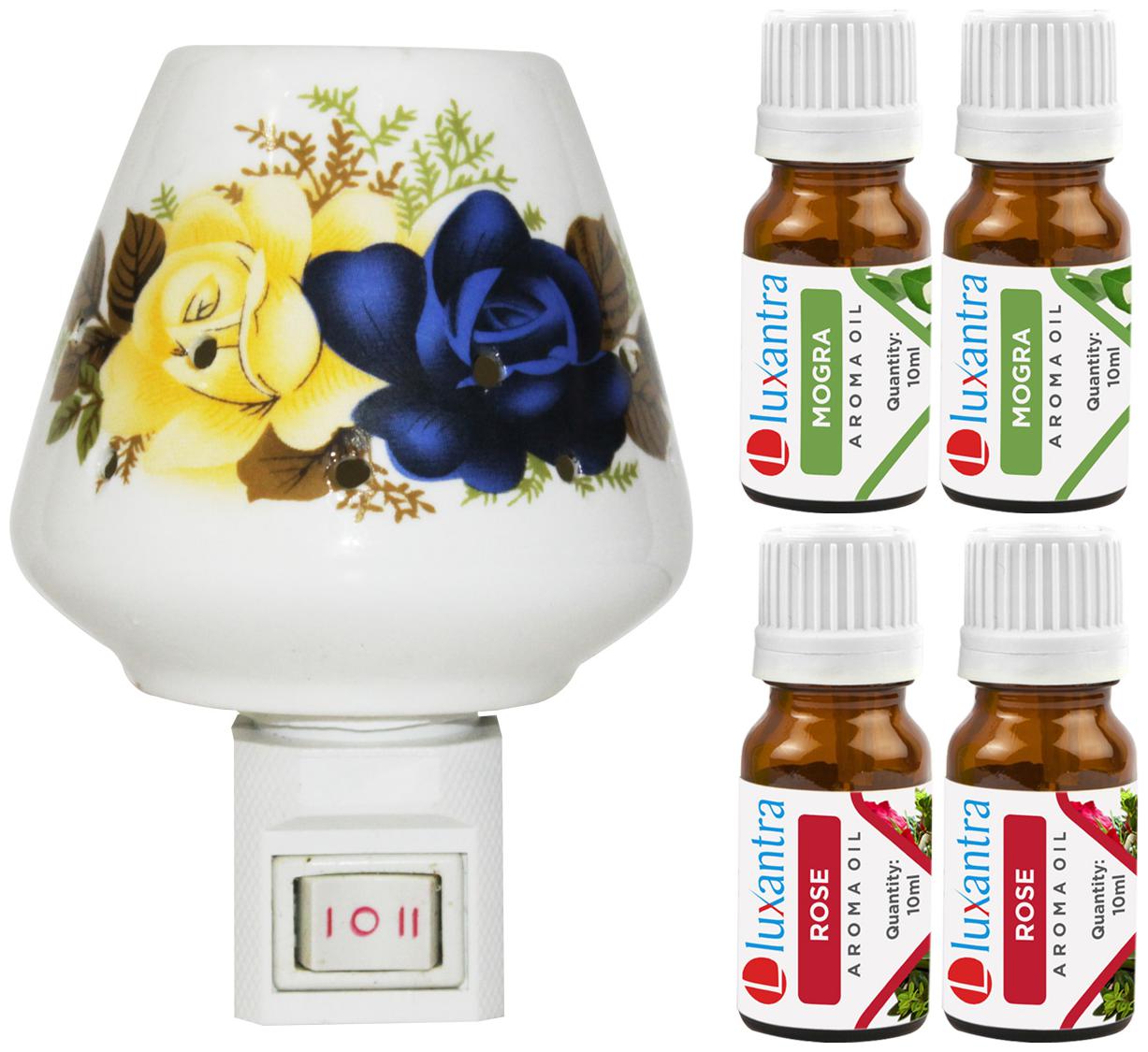 

Luxantra Ceramic Electric Aroma Diffuser Night Lamp Light with 2 Rose 2 Mogra Aroma Oil 10ml Each for Home office Hotel Spa