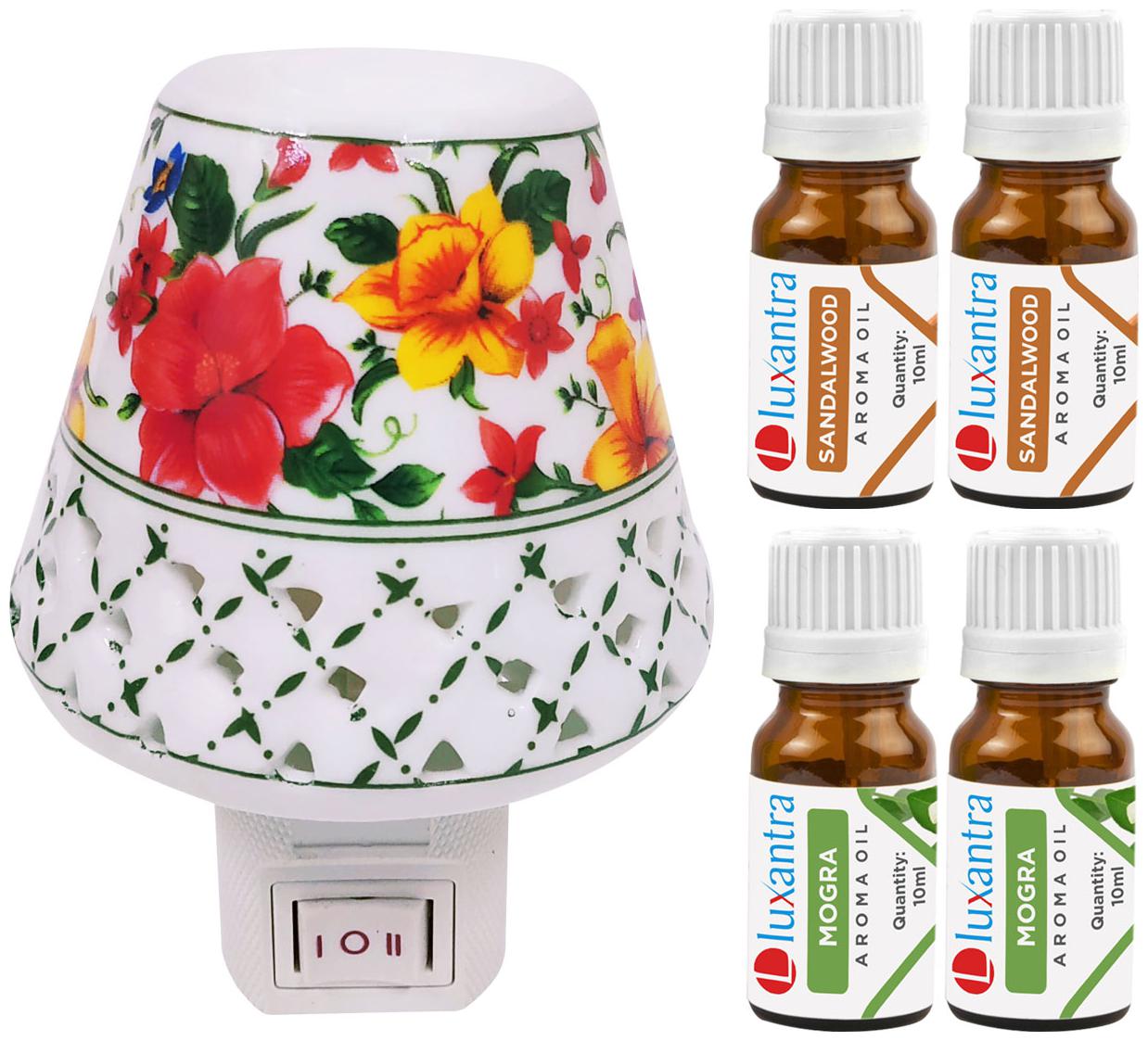 

Luxantra Ceramic Electric Aroma Diffuser Night Lamp Light with 2 Sandalwood 2 Mogra Aroma Oil 10ml Each for home office hotel Spa