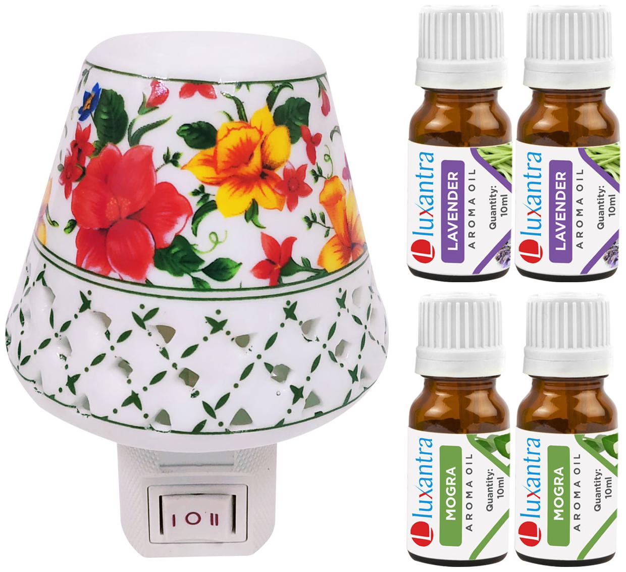 

Luxantra Ceramic Electric Aroma Diffuser Night Lamp Light with 2 Lavender 2 Mogra Aroma Oil 10ml Each for home office hotel Spa