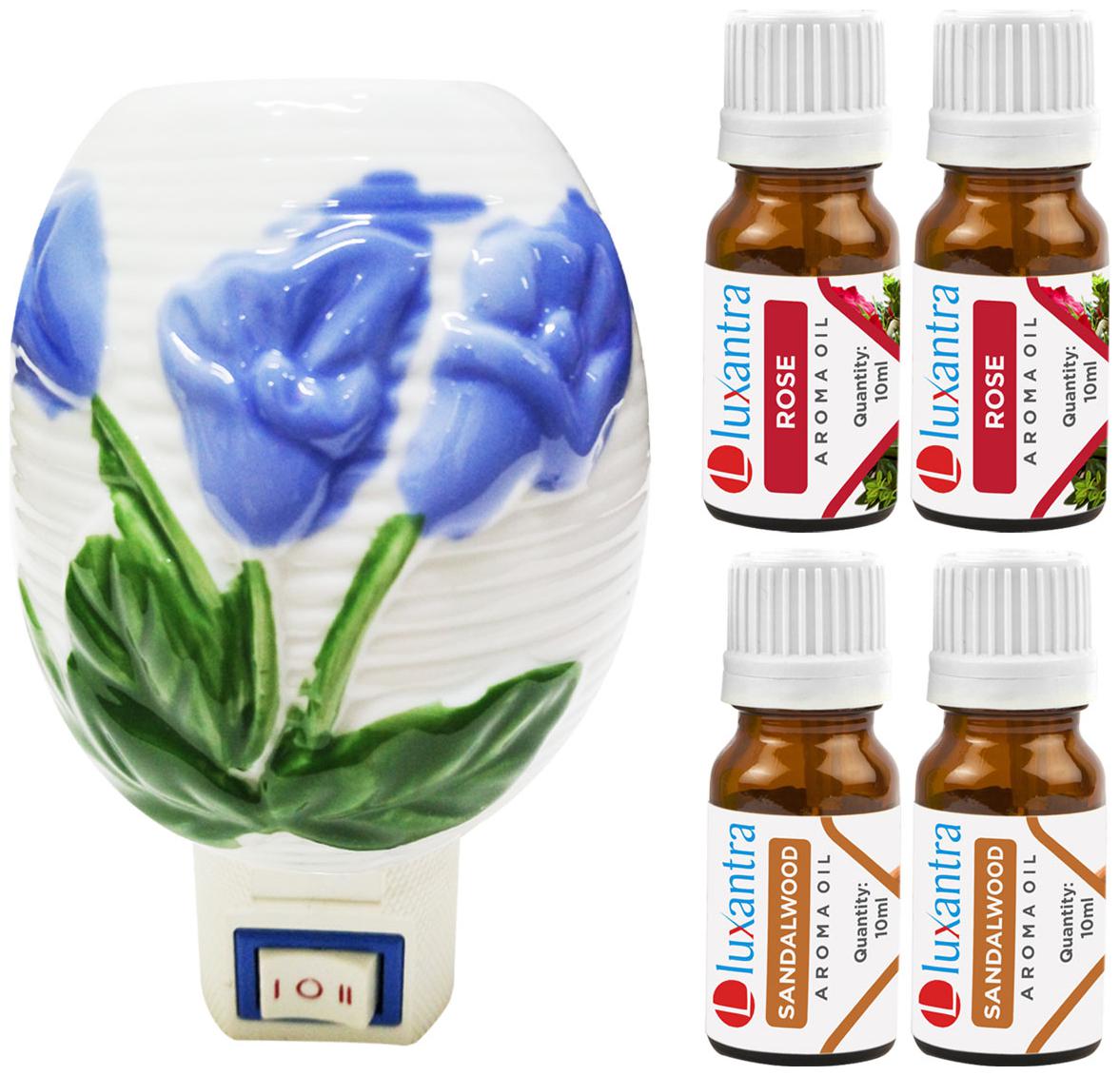 

Luxantra Ceramic Electric Aroma Diffuser Night Lamp Light with 2 Rose 2 Sandalwood Aroma Oil 10ml Each for home office hotel Spa