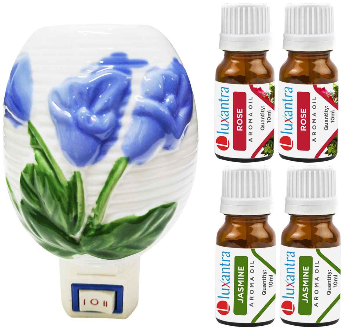 

Luxantra Ceramic Electric Aroma Diffuser Night Lamp Light with 2 Rose 2 Jasmine Aroma Oil 10ml Each for home office hotel Spa