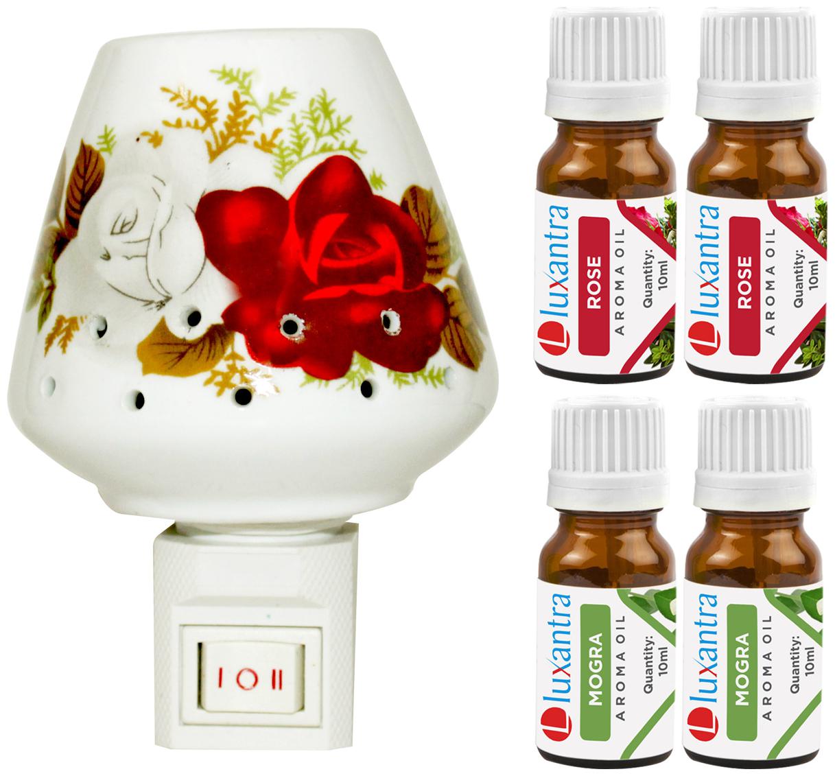 

Luxantra Ceramic Electric Aroma Diffuser Night Lamp Light with 2 Rose 2 Mogra Aroma Oil 10ml Each for Home office Hotel Spa