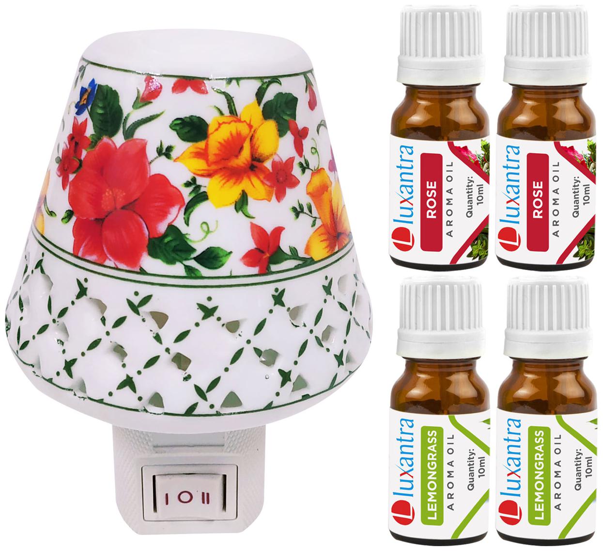 

Luxantra Ceramic Electric Aroma Diffuser Night Lamp Light with 2 Rose 2 Lemongrass Aroma Oil 10ml Each for home office hotel Spa