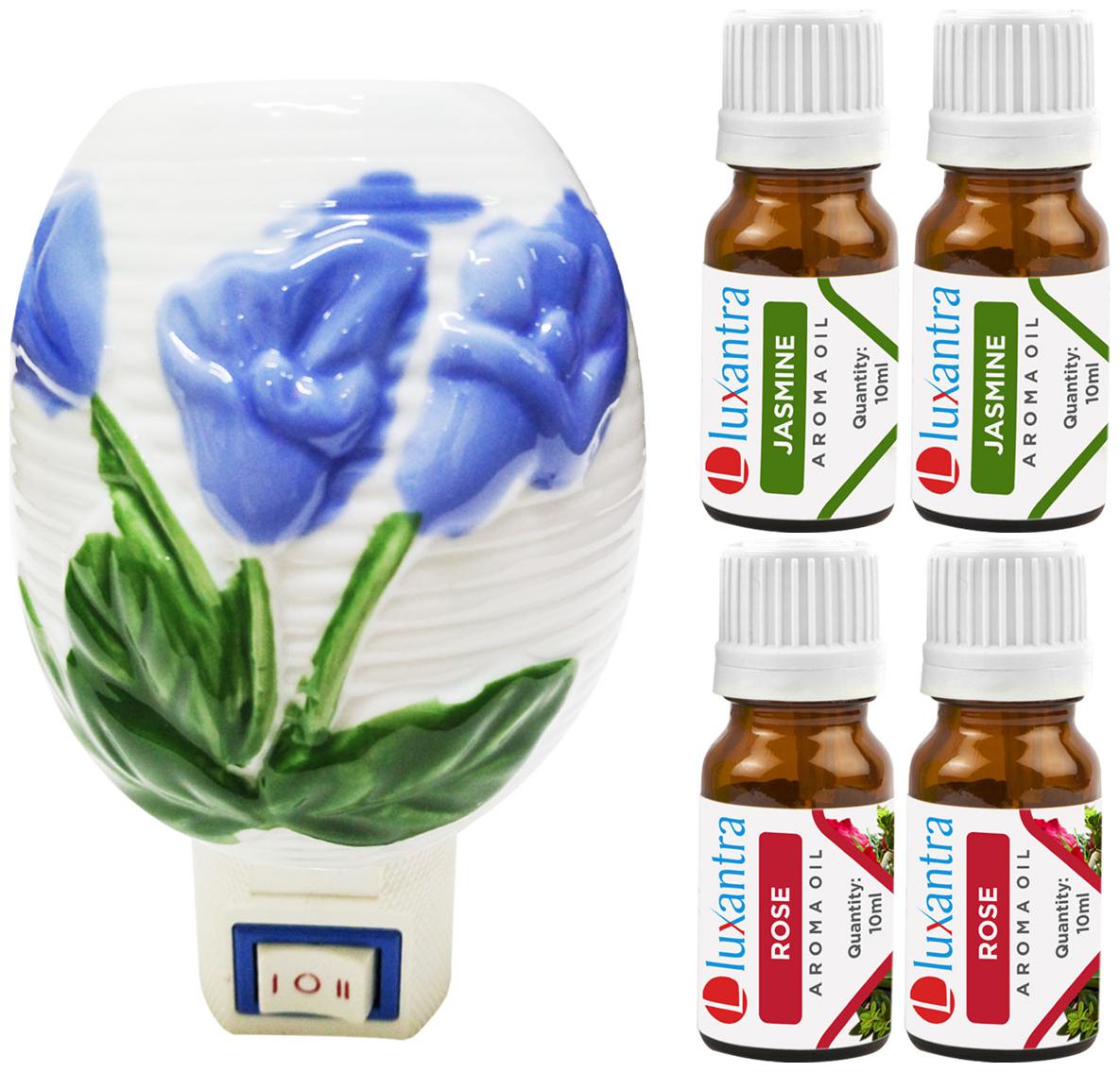 

Luxantra Ceramic Electric Aroma Diffuser Night Lamp Light with 2 Jasmine 2 Rose Aroma Oil 10ml Each for home office hotel Spa