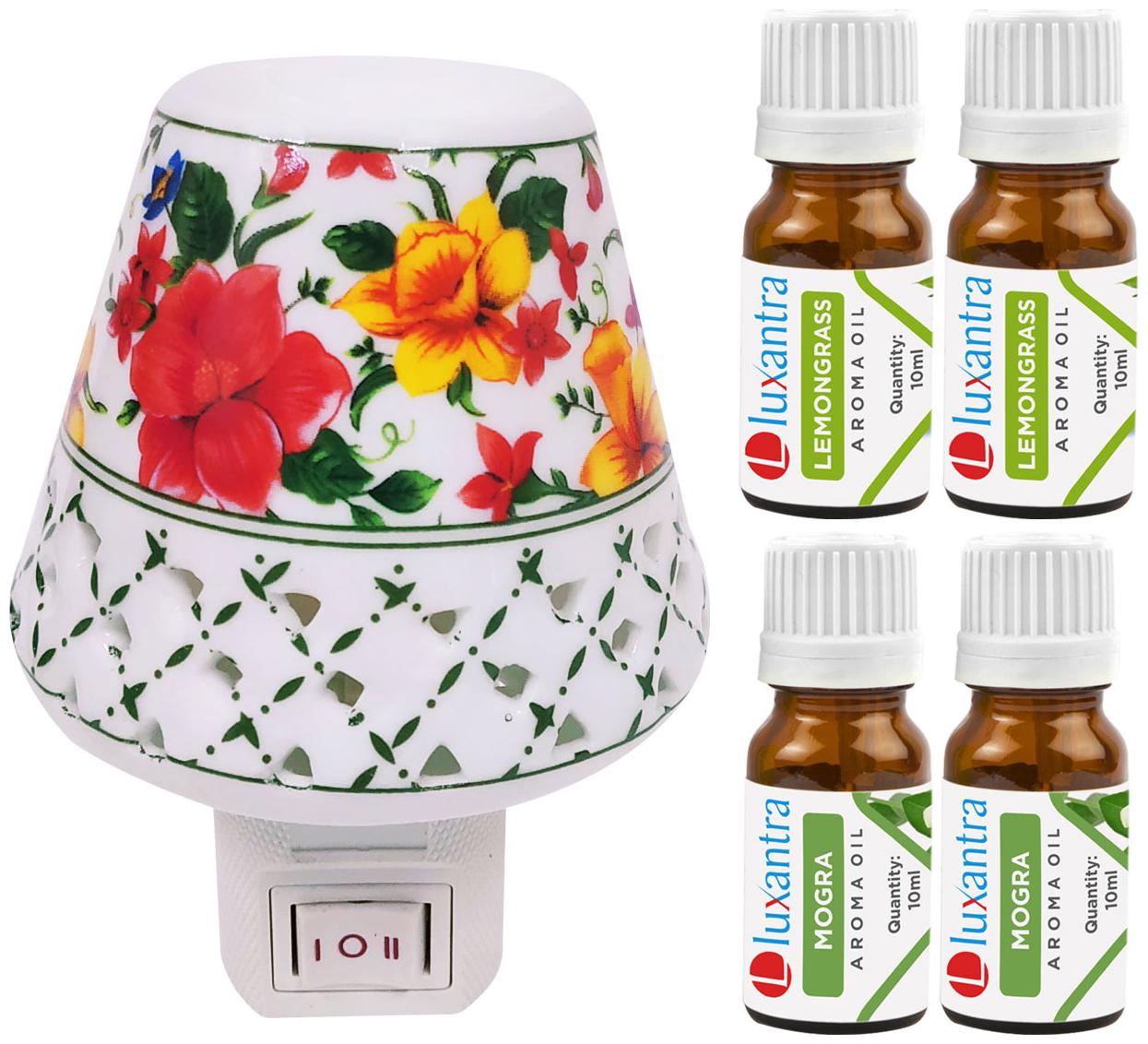 

Luxantra Ceramic Electric Aroma Diffuser Night Lamp Light with 2 Lemongrass 2 Mogra Aroma Oil 10ml Each for home office hotel Spa